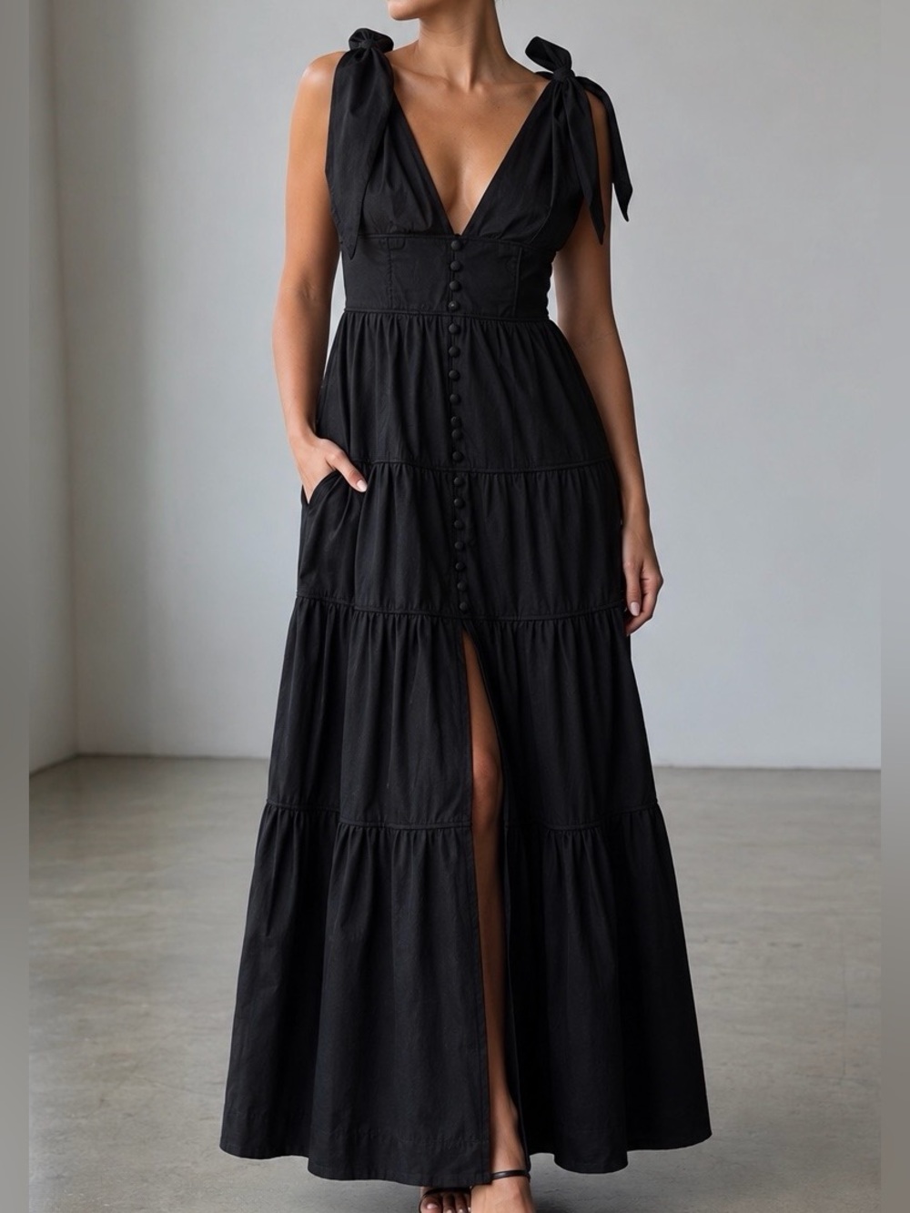 NWT Boutique Black Button Front Tiered Maxi Dress Sz L